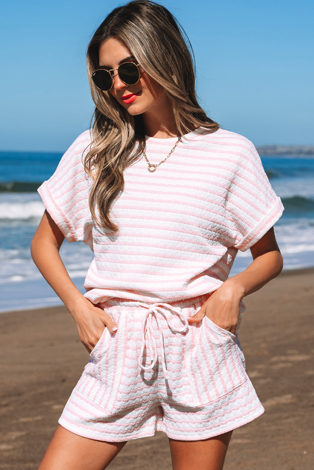 Sky Blue Stripe Knitted Short Sleeve Top and Drawstring Shorts Set