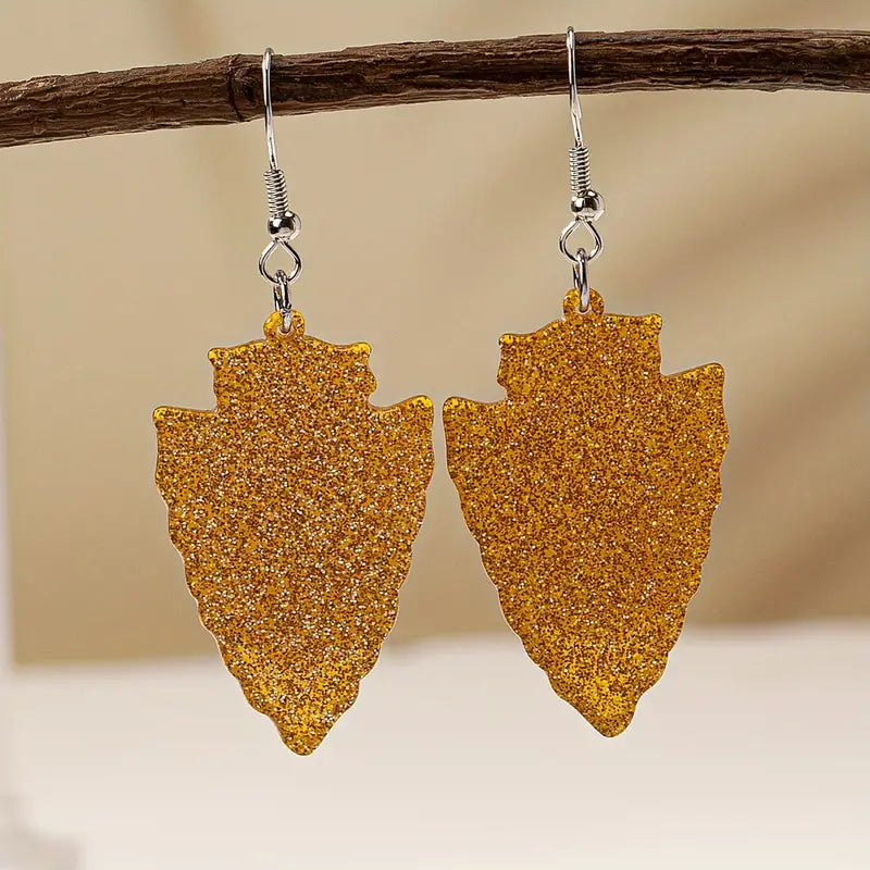 Golden Glitter Arrowhead Dangle Earrings – Bold Sparkle and Team Spirit