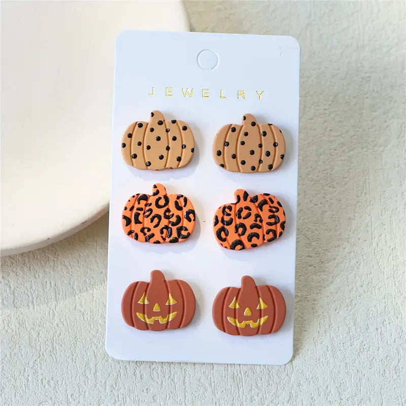 Halloween Pumpkin Stud Earring Set – Dots, Leopard Print, and Jack-O'-Lanterns