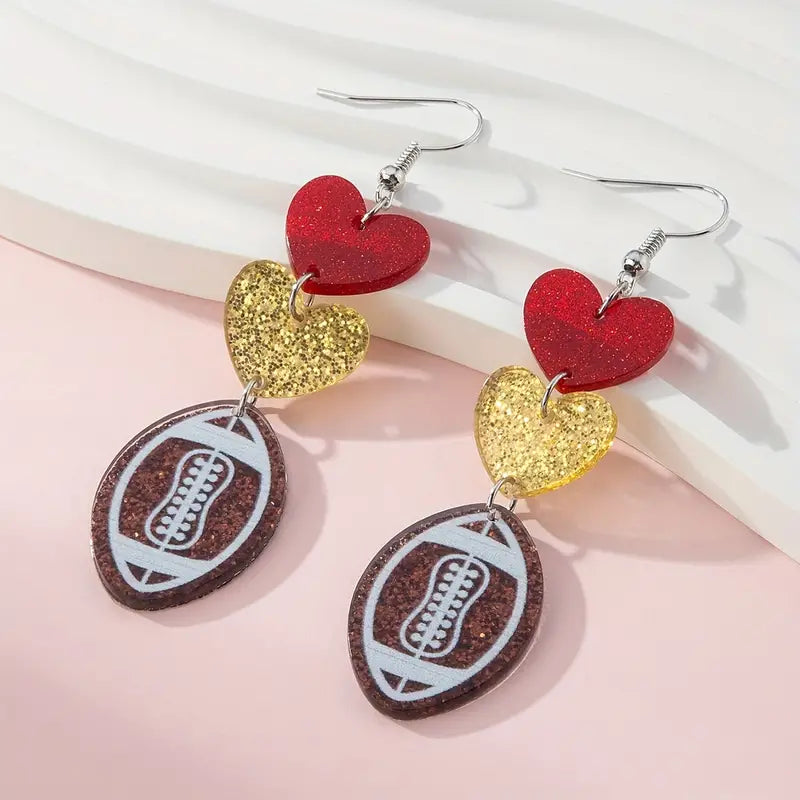 Football Fan Heart Drop Earrings – Game Day Glam in Red, Gold, and Football