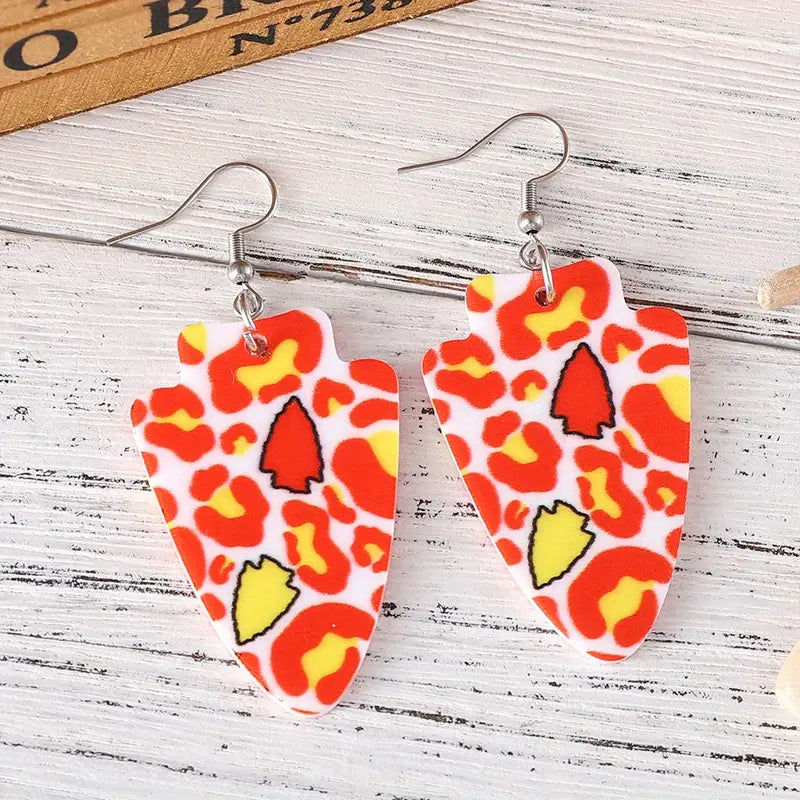 Team Spirit Arrowhead Dangle Earrings – Red and Yellow Leopard Design