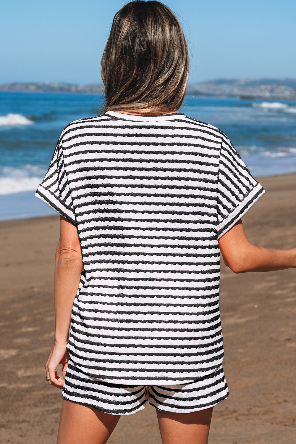 Sky Blue Stripe Knitted Short Sleeve Top and Drawstring Shorts Set
