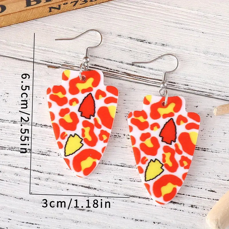Team Spirit Arrowhead Dangle Earrings – Red and Yellow Leopard Design