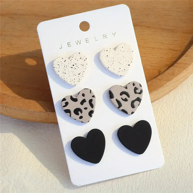 Monochrome Heart Stud Earring Set – Speckled, Animal Print, and Solid Black