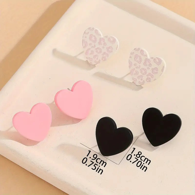 Heart Stud Earring Set – Classic Black, Soft Pink, and Subtle Leopard Print