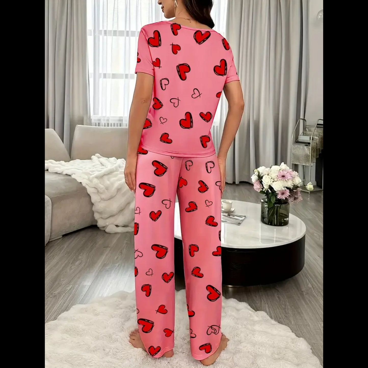 Heart Print Short Sleeve Pajama Set