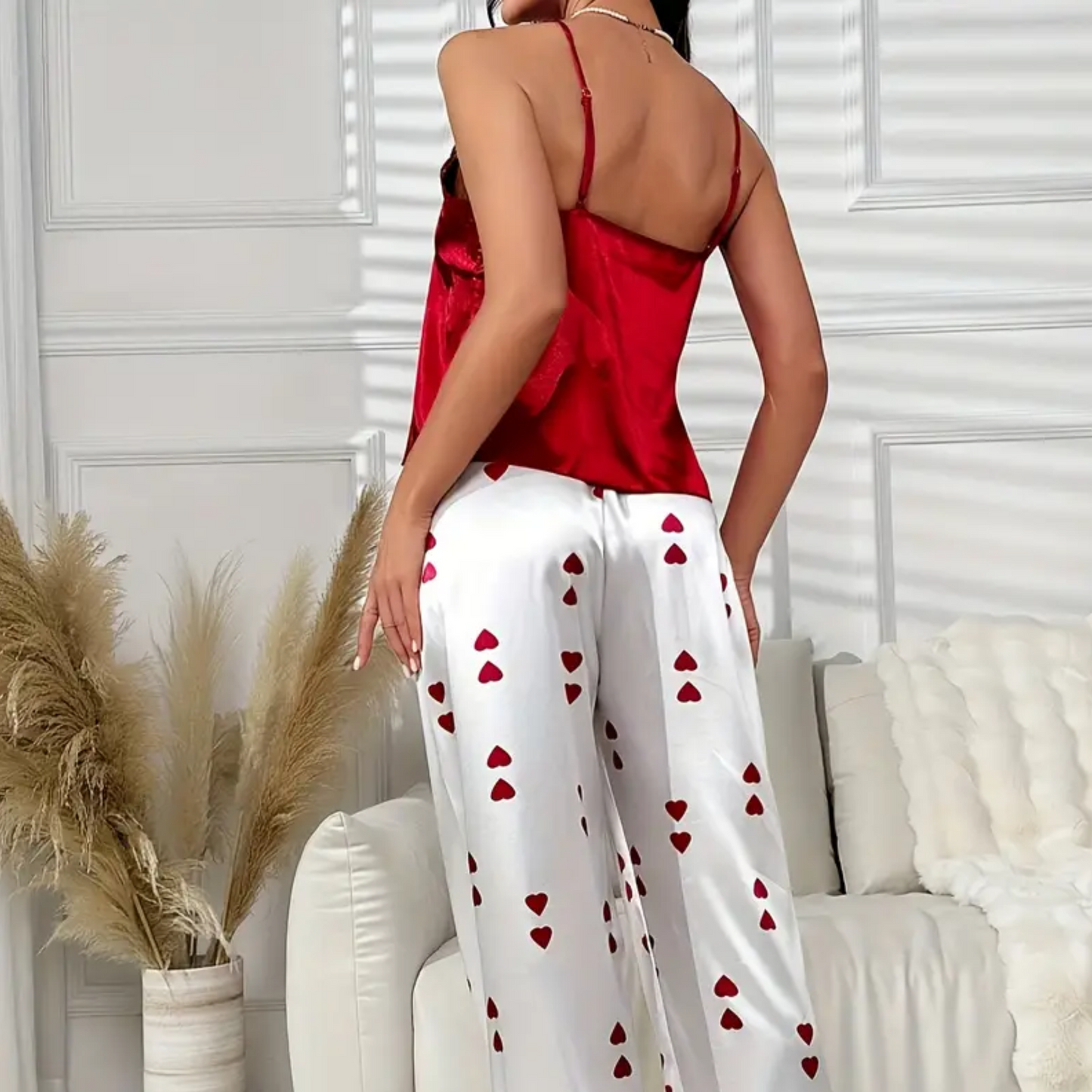 Heart Print Lace Trim Pajama Set