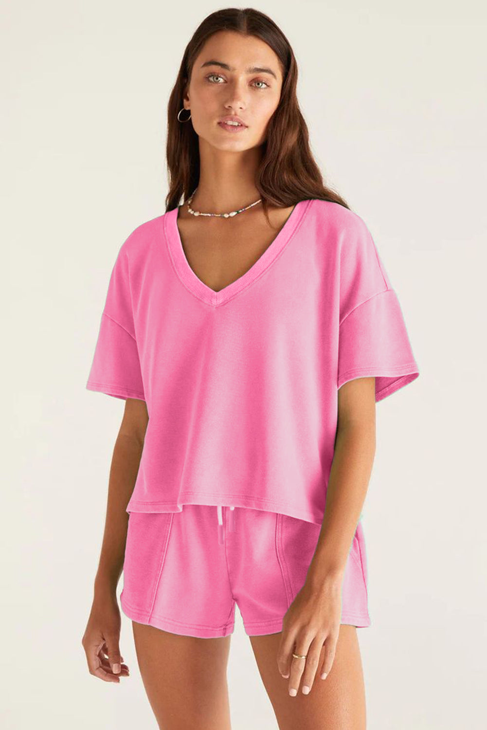 Mint Green V Neck Drop Shoulder Tee and Patchwork Drawstring Shorts Set