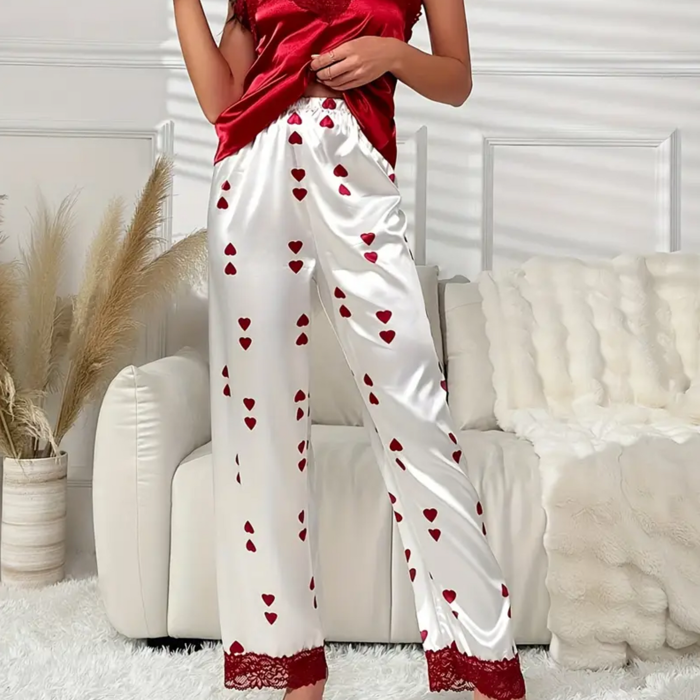 Heart Print Lace Trim Pajama Set