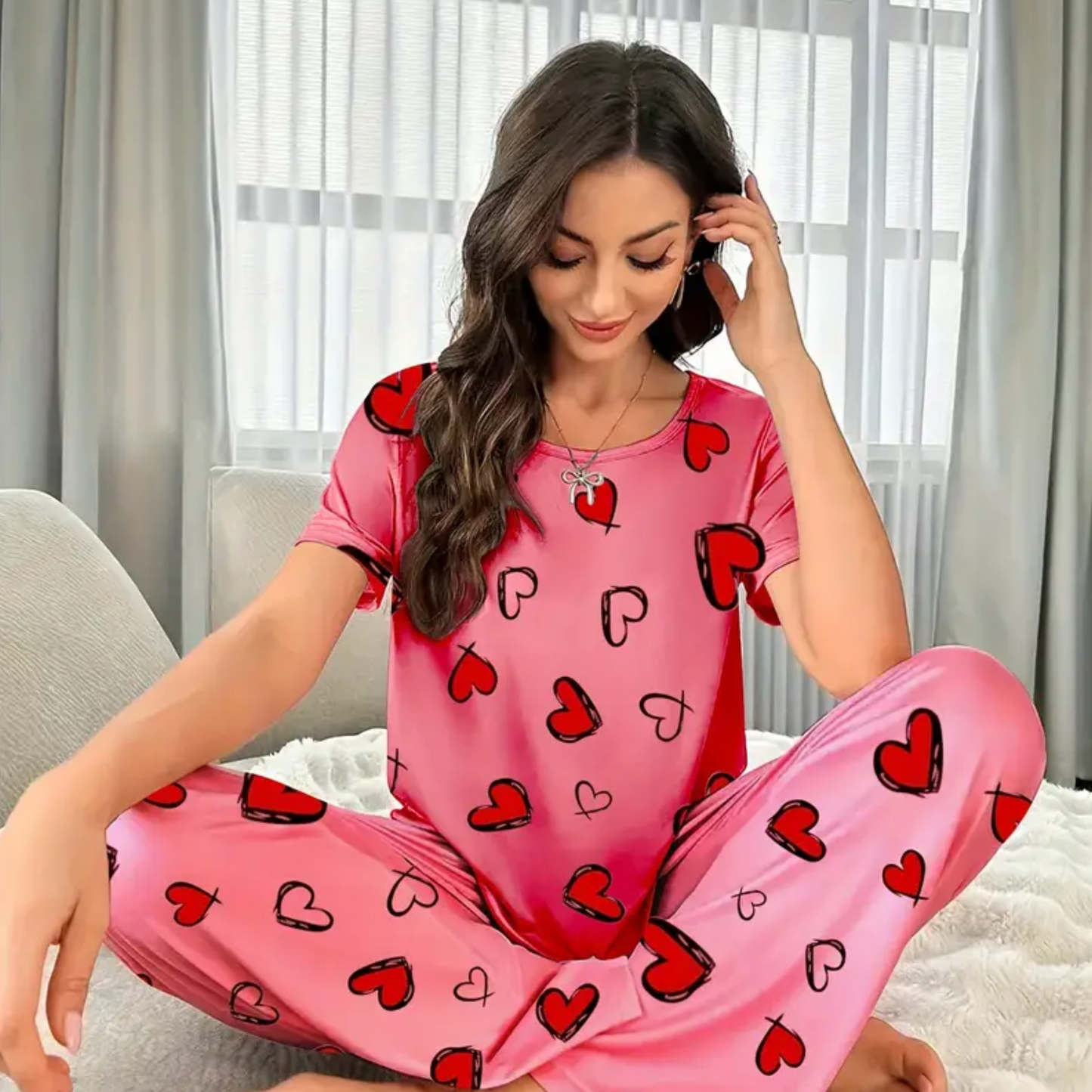 Heart Print Short Sleeve Pajama Set