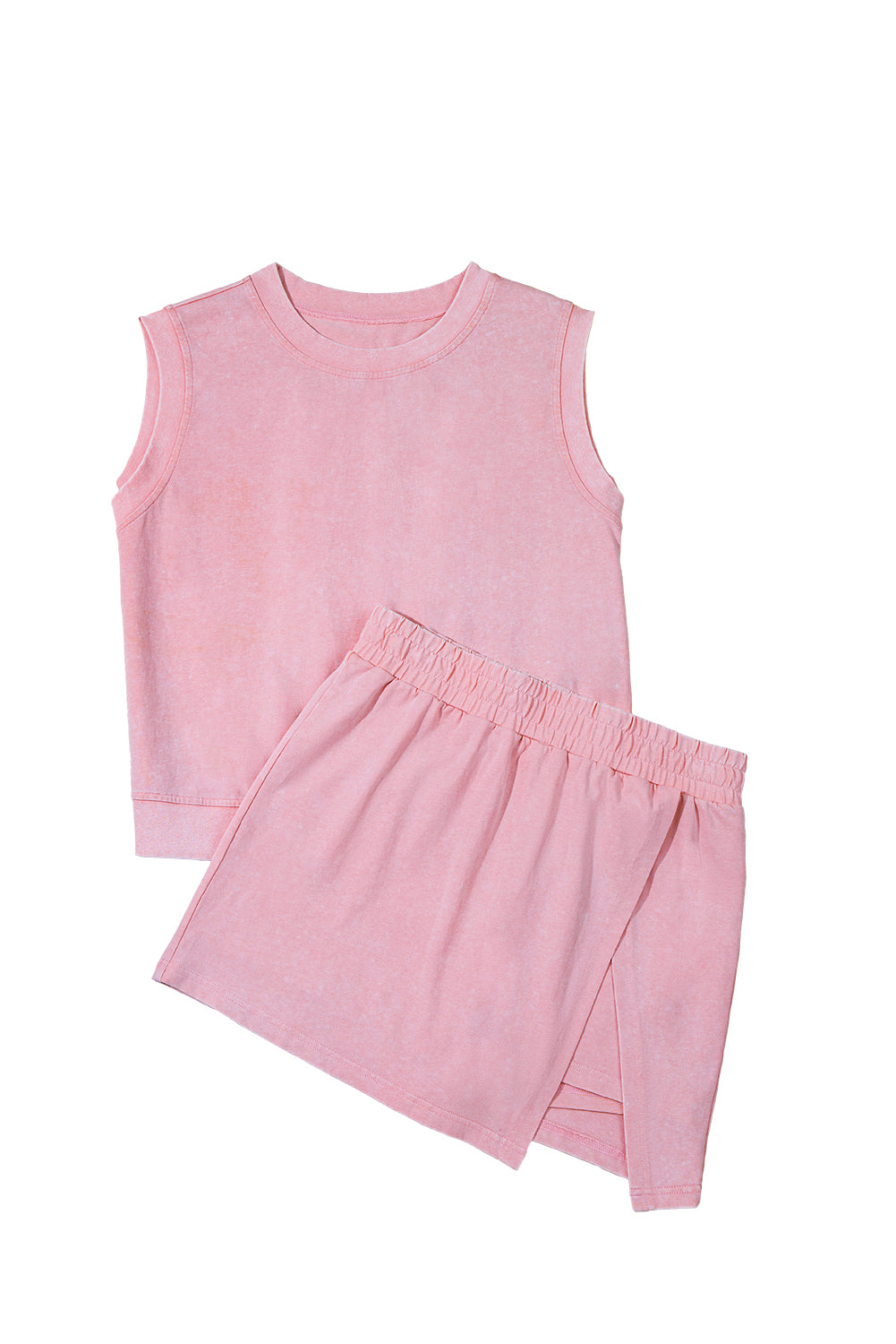 2 Pieces Mineral Wash Cotton Tank Top Lined Split Skirt Set