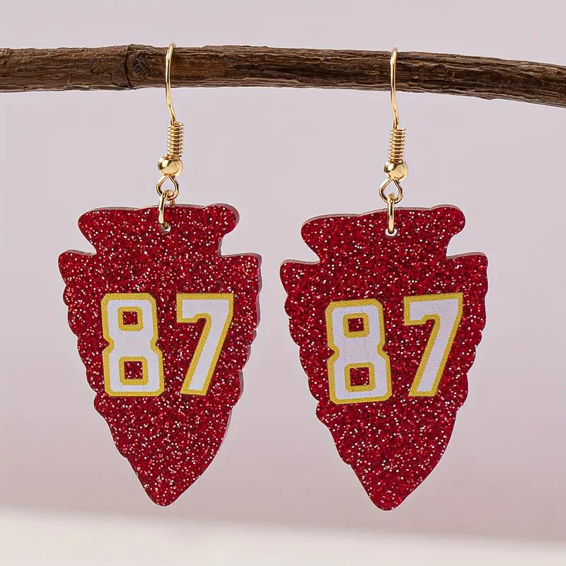 Glitter Arrowhead Dangle Earrings – Red Sparkle with Number 87