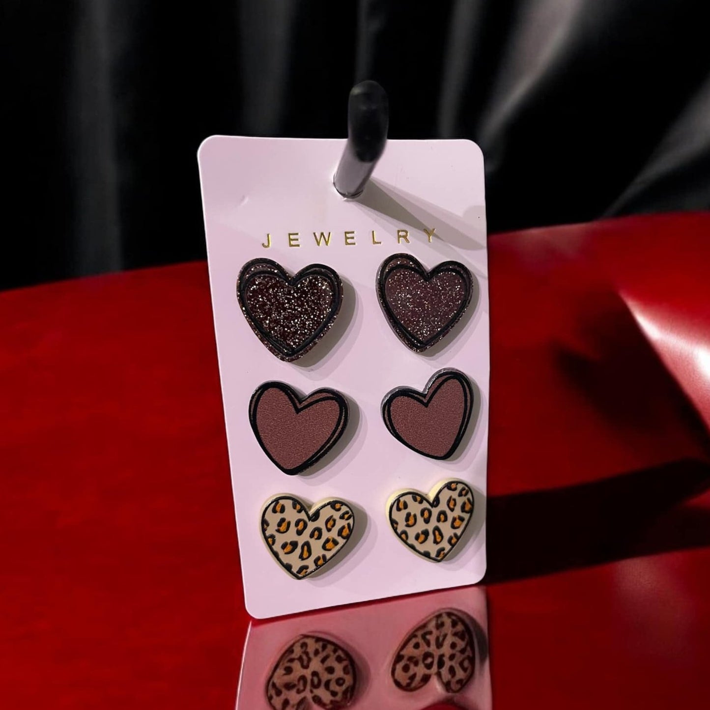 Heart Stud Earring Set – Glam Sparkle, Matte Chic, and Wild Leopard