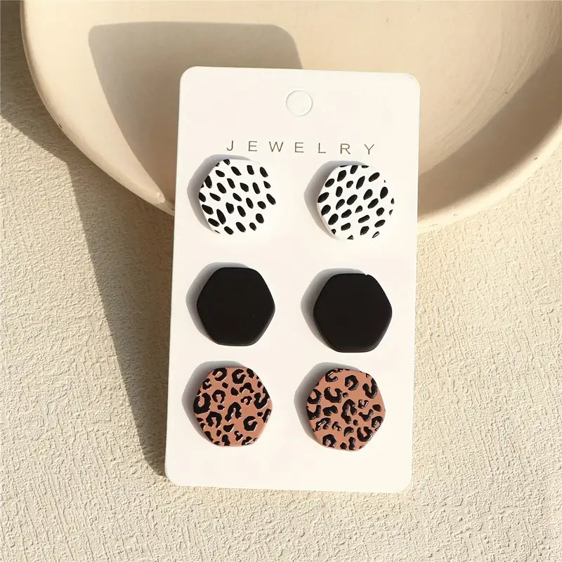 Bold & Chic Stud Earring Set – Monochrome Dots, Black Hexagons, and Leopard Print