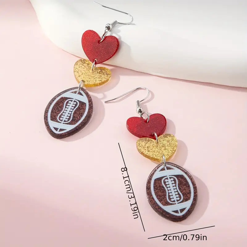 Football Fan Heart Drop Earrings – Game Day Glam in Red, Gold, and Football