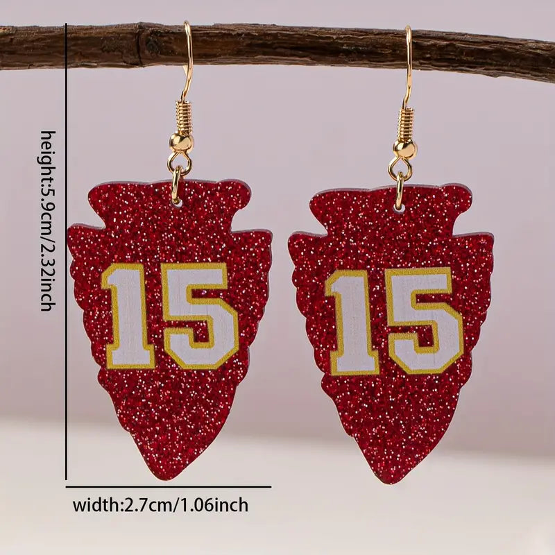 Glitter Arrowhead Dangle Earrings – Red Sparkle with Number 15