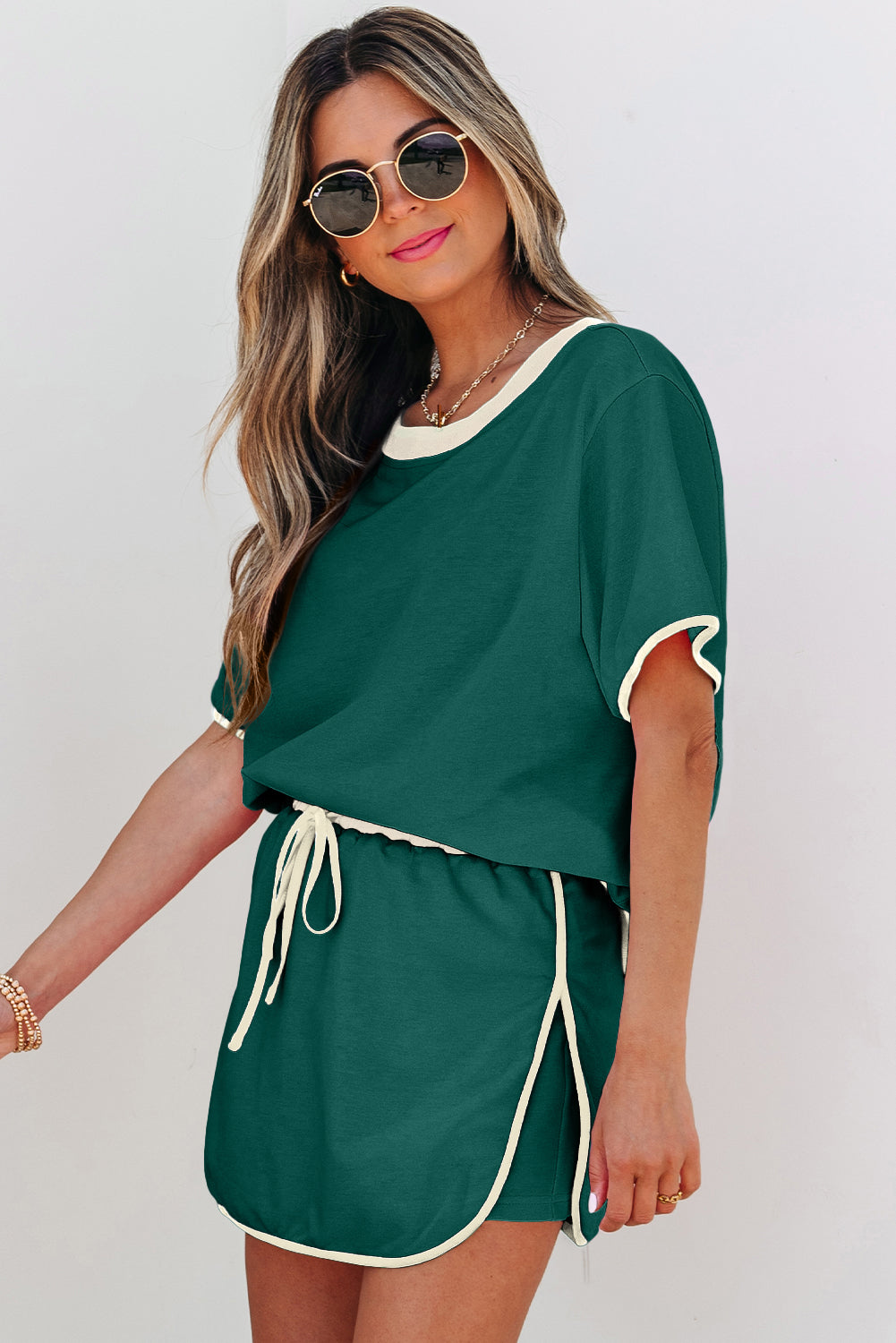Colorblock Edge Drop Shoulder T Shirt and Skort 2Pcs Set