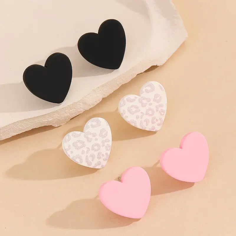 Heart Stud Earring Set – Classic Black, Soft Pink, and Subtle Leopard Print