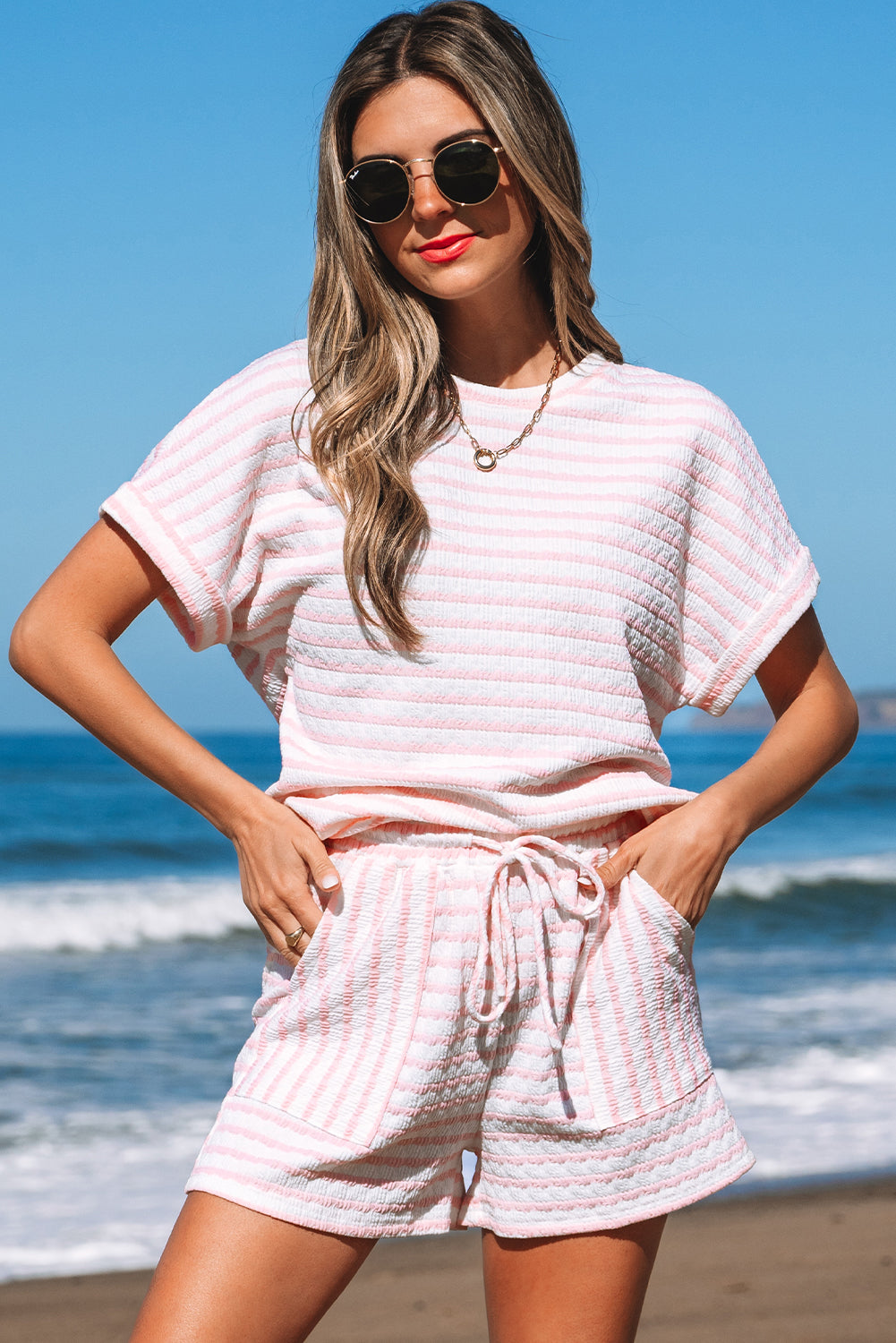 Sky Blue Stripe Knitted Short Sleeve Top and Drawstring Shorts Set