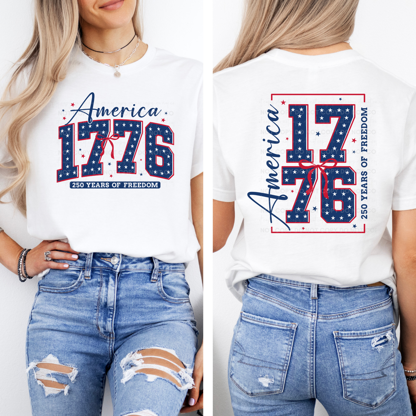 Woman wearing a white front and back patriotic graphic tee featuring America 1776, 250 Years of Freedom, star-filled varsity lettering, and red, white, and blue details.