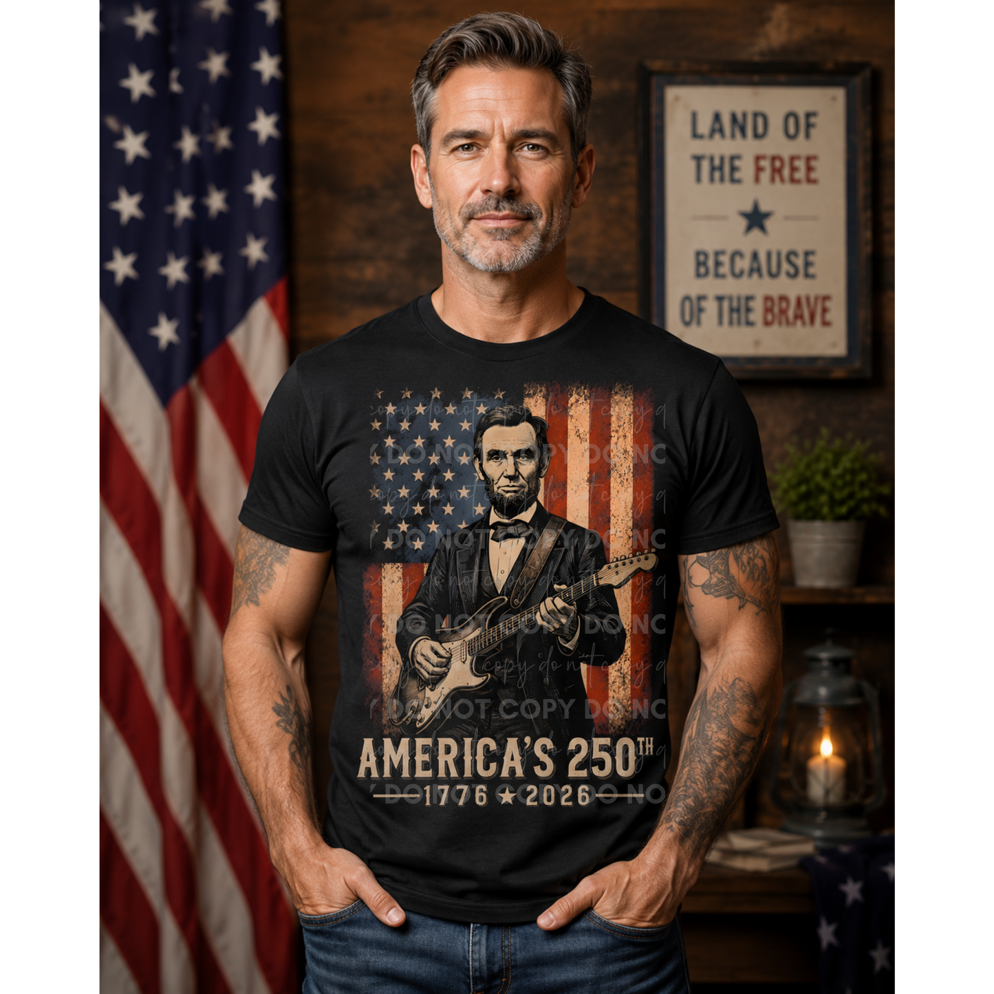 America’s 250th Anniversary Guitar Lincoln Patriotic Graphic Tee