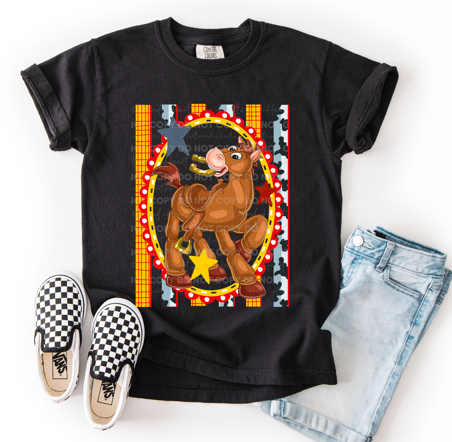 Bullseye-inspired horse character design printed on a Comfort Colors® t-shirt with western-themed accents.