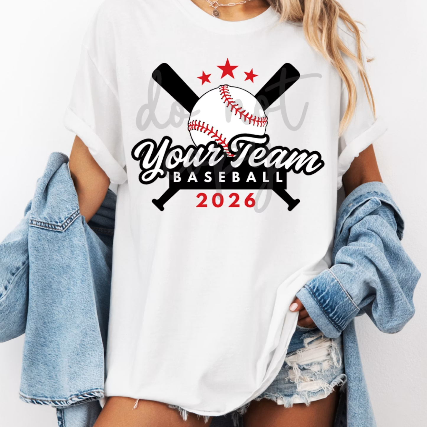 White personalized baseball team t-shirt featuring crossed baseball bats, a baseball graphic, custom team name, and customizable team colors for game day spirit wear.