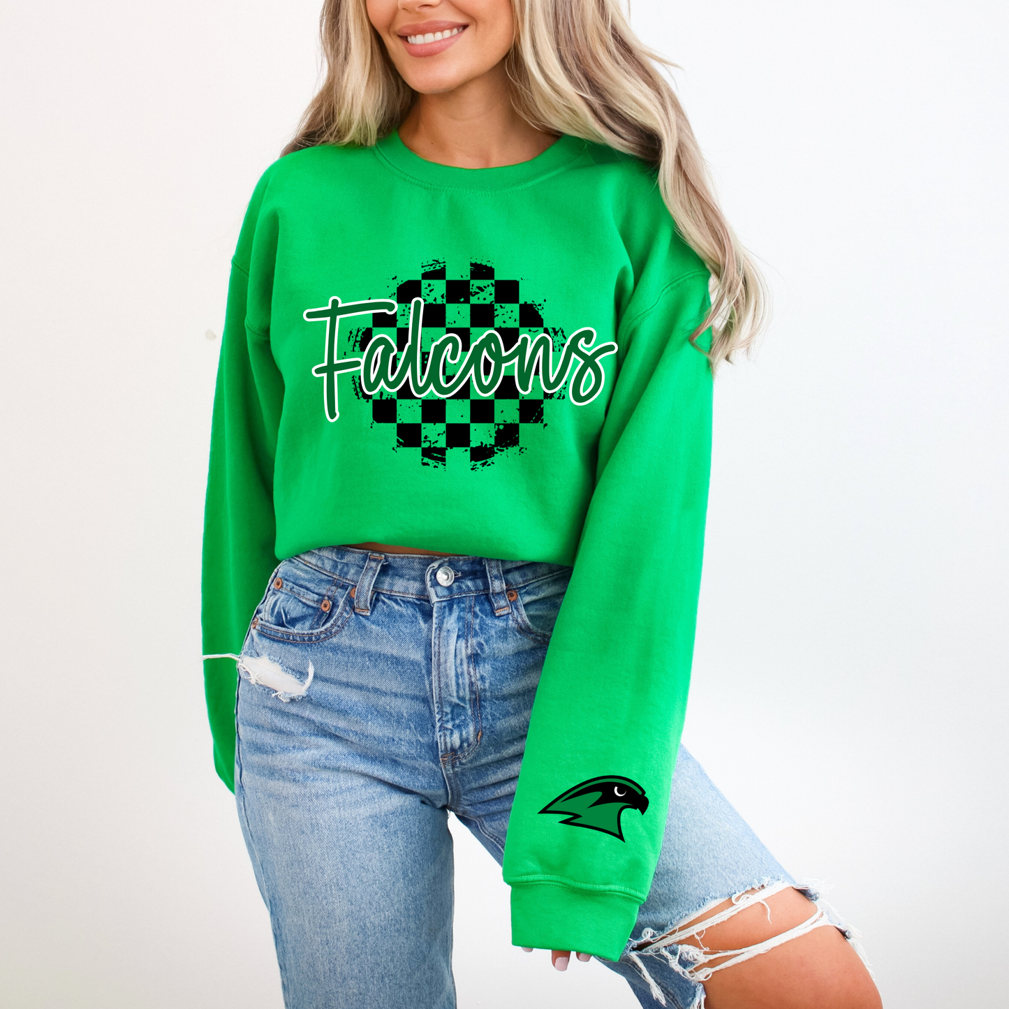 Falcons Distressed Checkered w/ sleeve mascot Sweatshirt