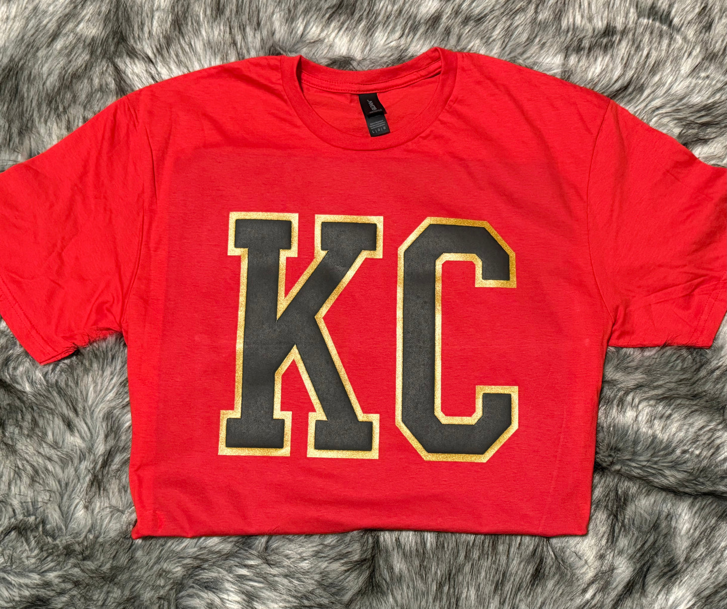 KC Varsity Puff Tee – Black with Metallic Gold Outline