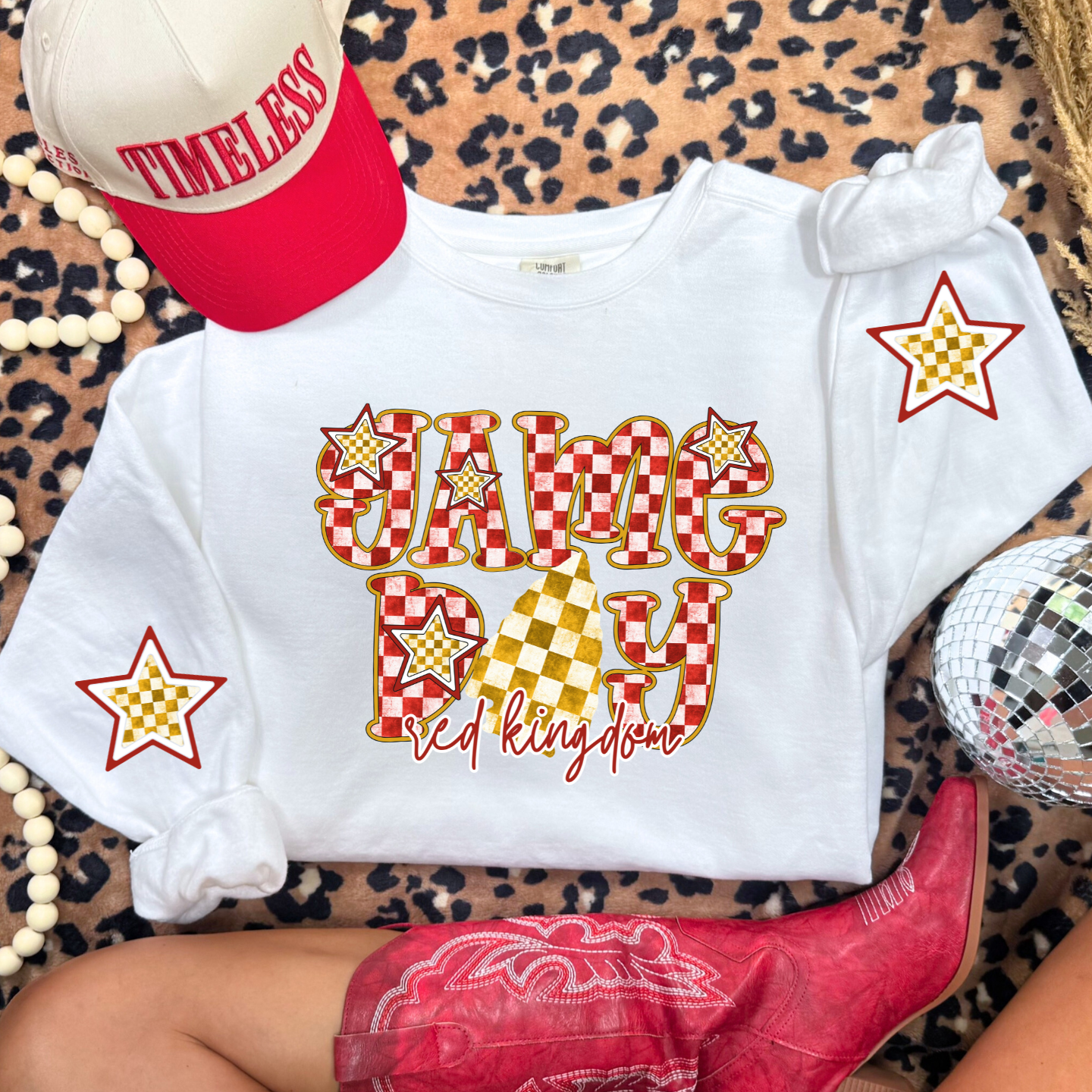 White Red Kingdom checkered Game Day sweatshirt with Kansas City football graphics.