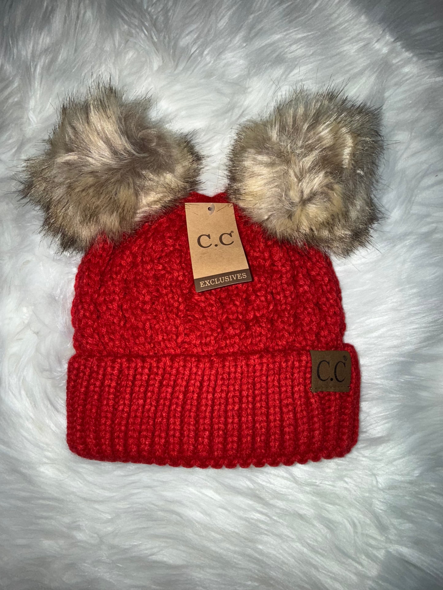 Cable Knit Double Pom Beanie