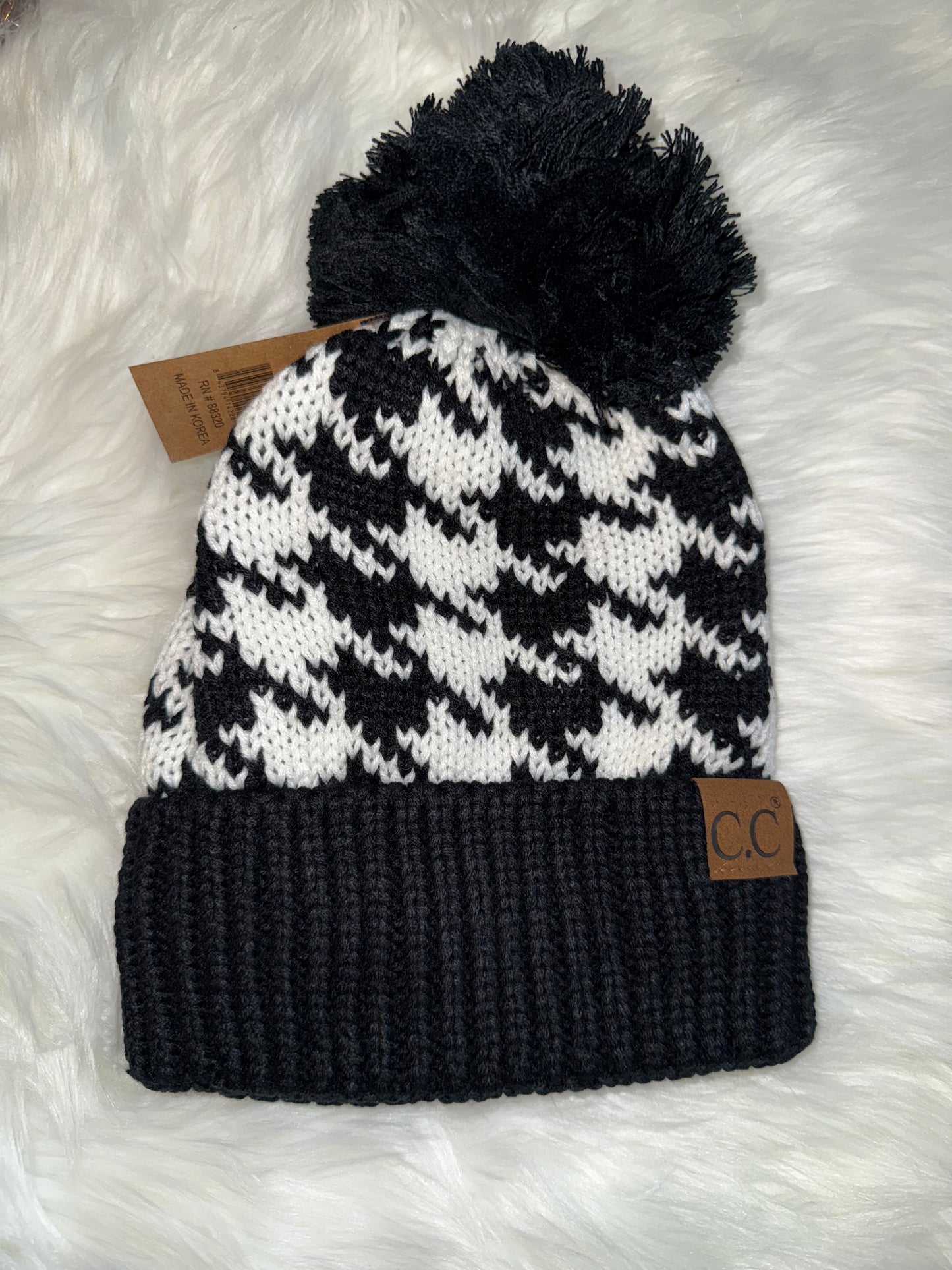 Houndstooth Pom Beanie