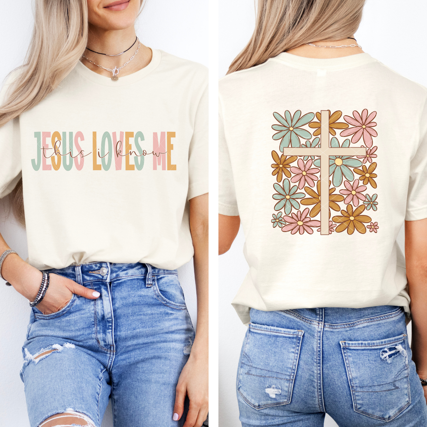 Jesus Loves Me – This I Know Front + Floral Cross Back