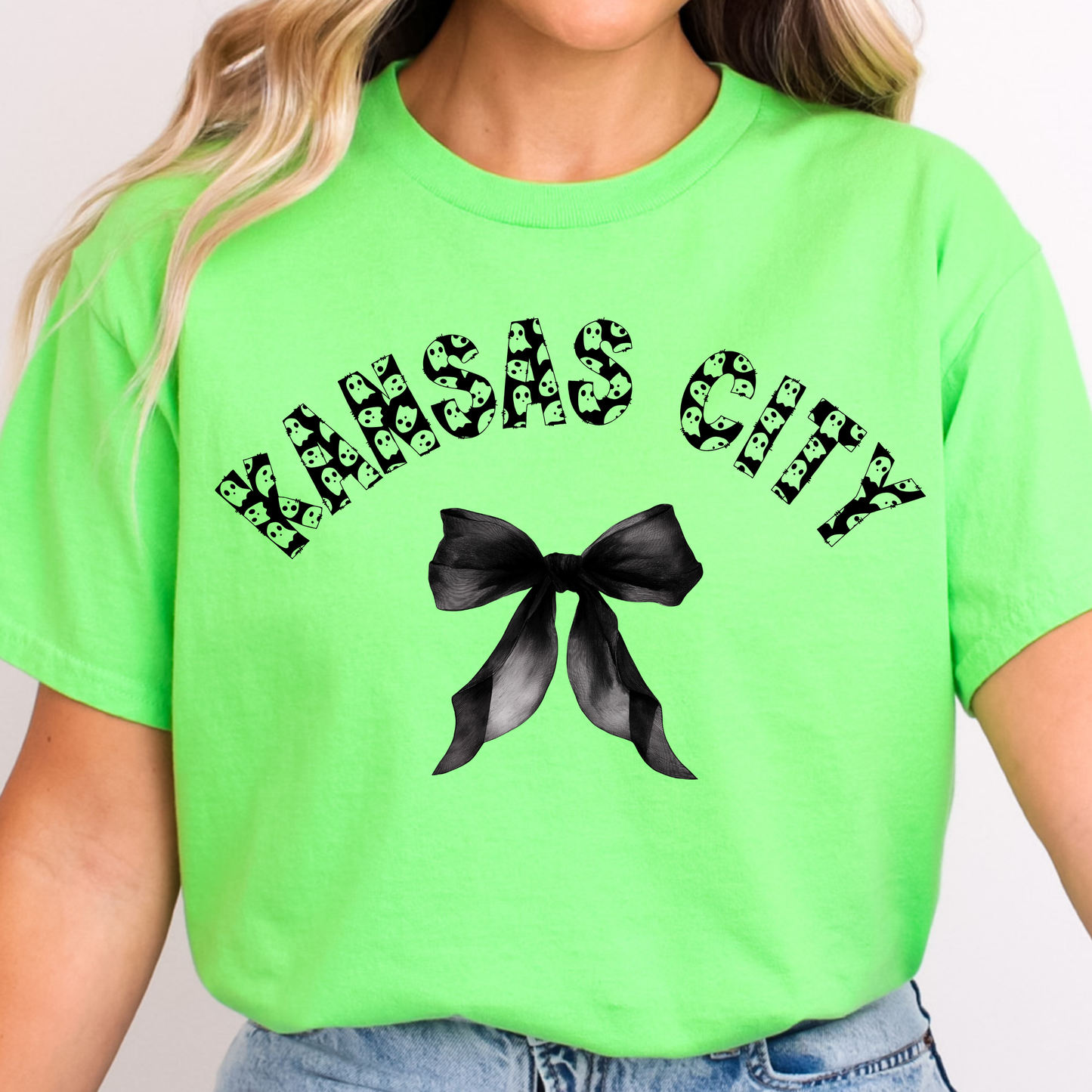 Kansas City Halloween ghost bow shirt in lime