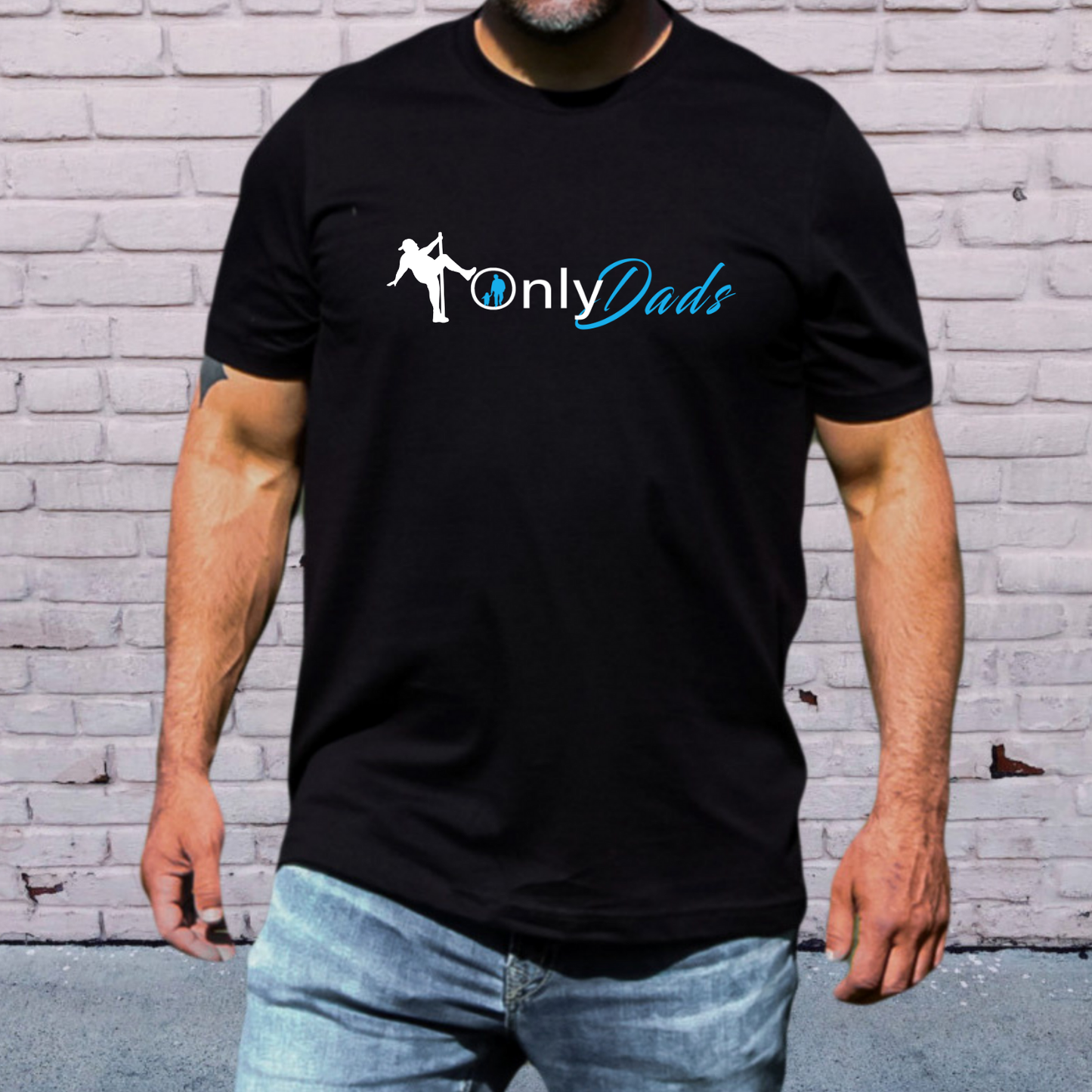 Black Only Dads graphic t-shirt featuring humorous fatherhood design and modern typography, perfect for Father's Day gifts and dad apparel.