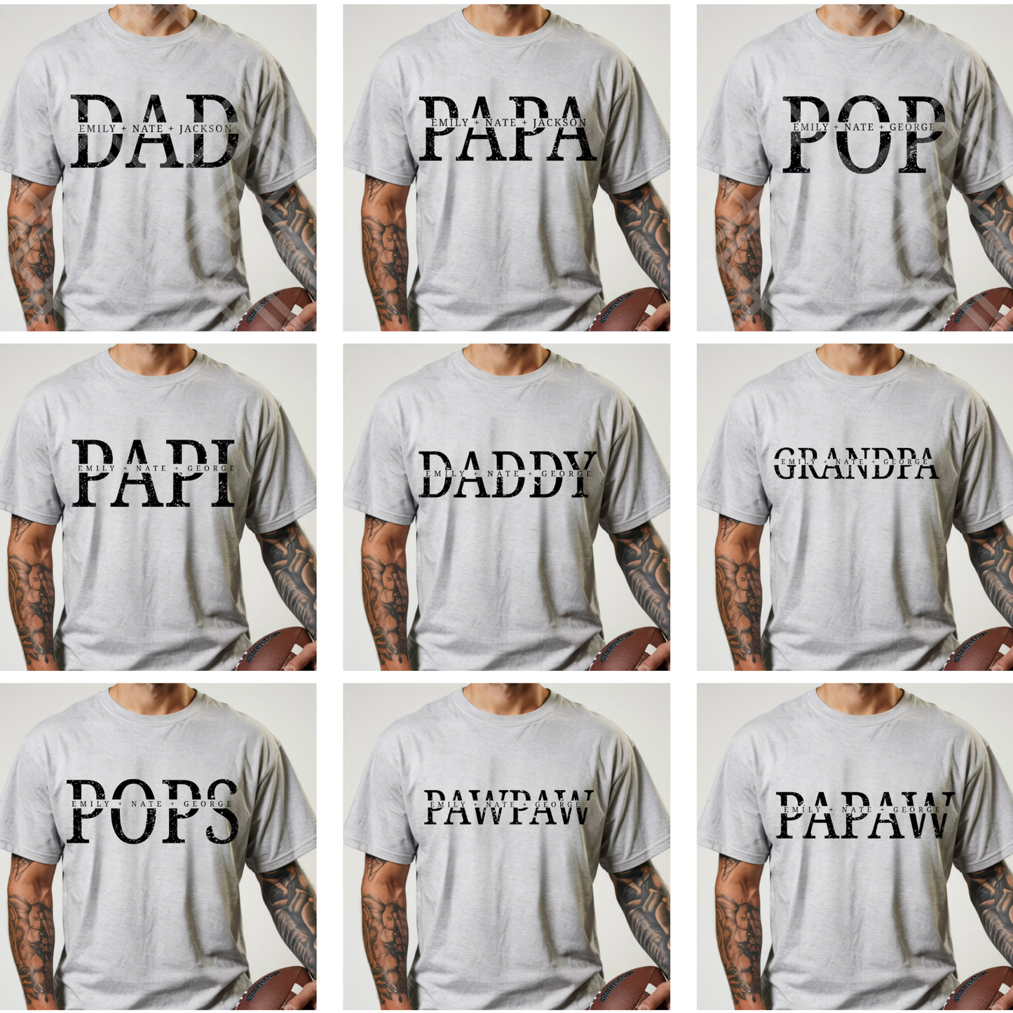 Personalized dad shirt featuring custom titles such as Dad, Daddy, Papa, Papi, Pops, Pawpaw, and Grandpa with children's or grandchildren's names incorporated into the design.
