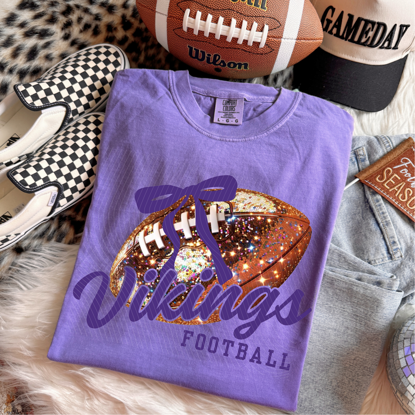 Vikings Faux Glitter Football with Bow Youth