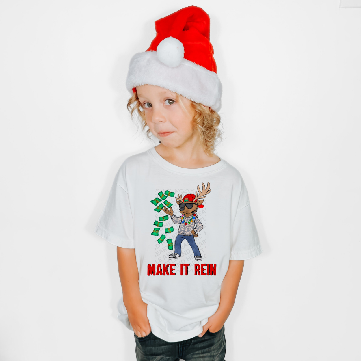 Youth Make It Rein Christmas Shirt – Funny Reindeer Kids Tee