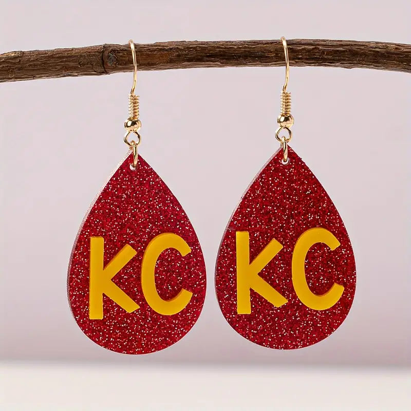 KC Glitter Teardrop Earrings – Red Sparkle with Yellow "KC" Letters