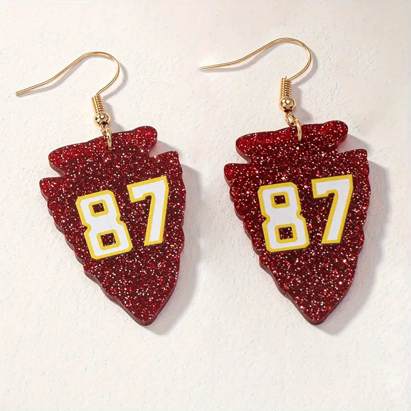 Glitter Arrowhead Dangle Earrings – Red Sparkle with Number 87
