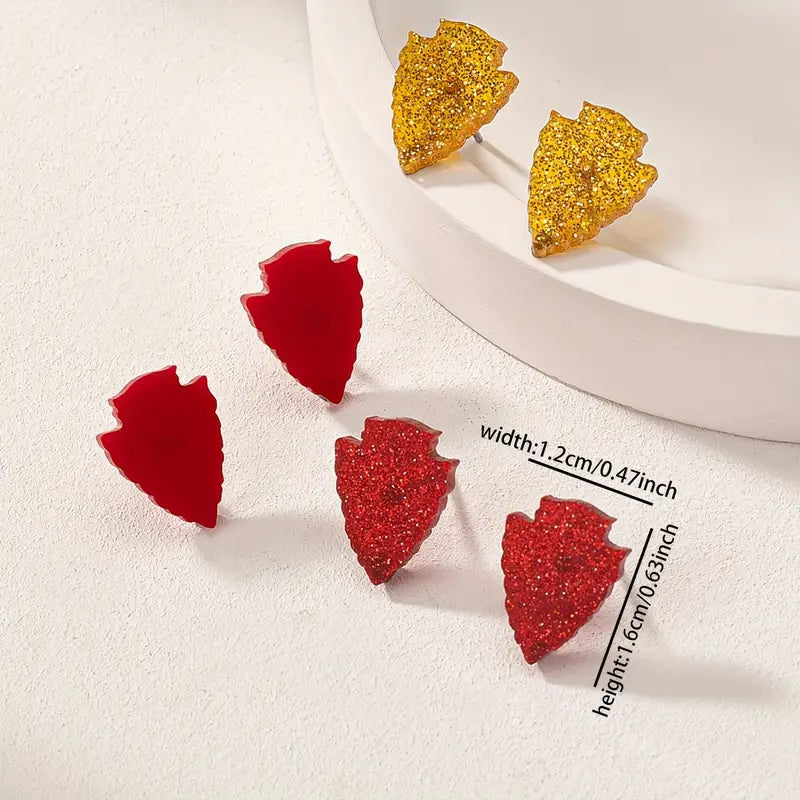 Arrowhead Stud Earring Set – Bold Red and Sparkling Gold