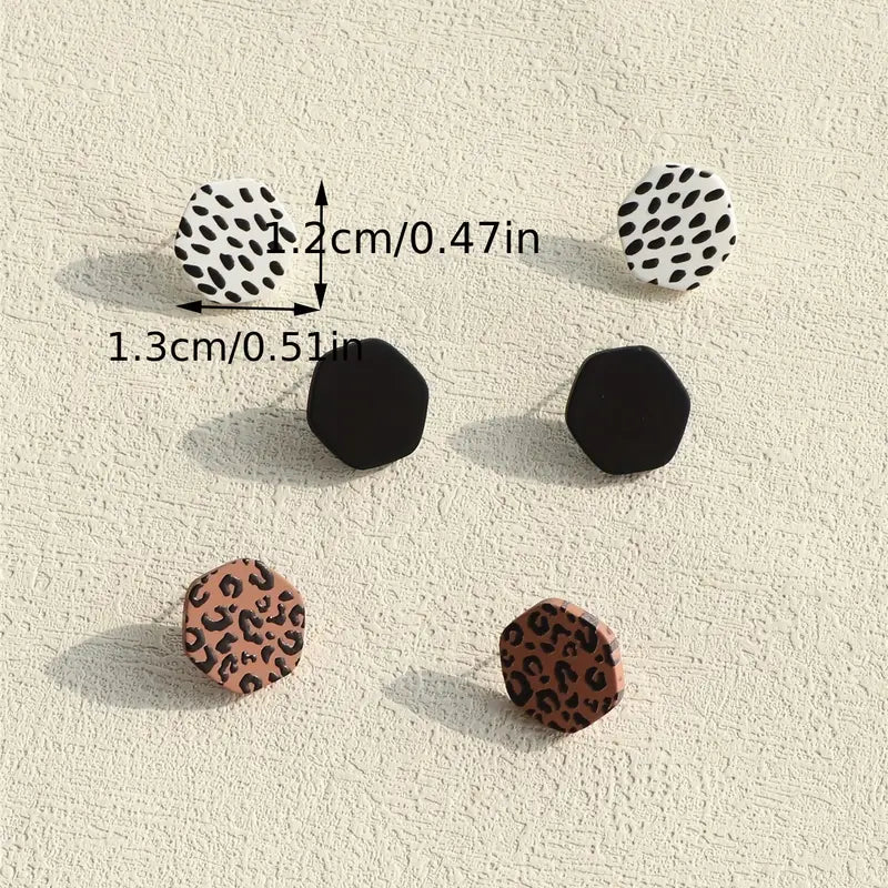Bold & Chic Stud Earring Set – Monochrome Dots, Black Hexagons, and Leopard Print