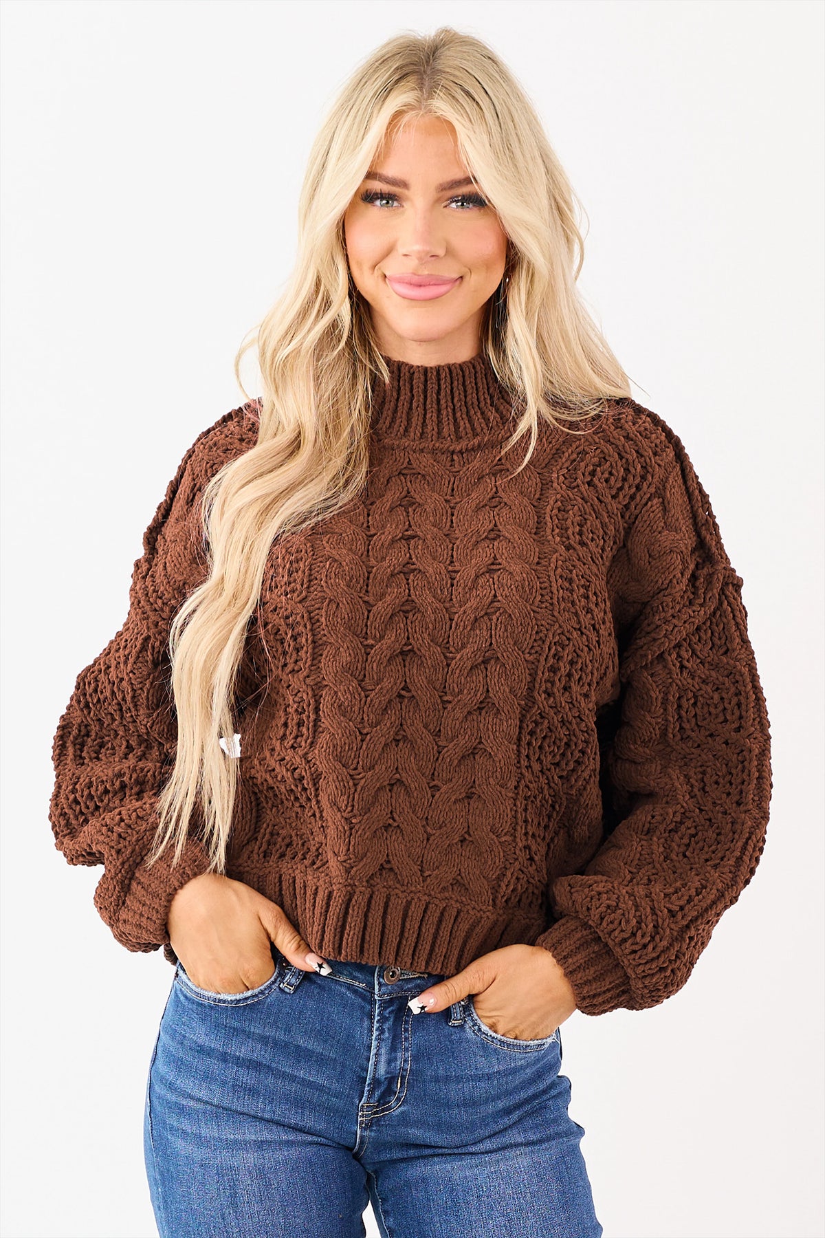 Coffee Solid Color Cable Knit Mock Neck Loose Pullover Sweater