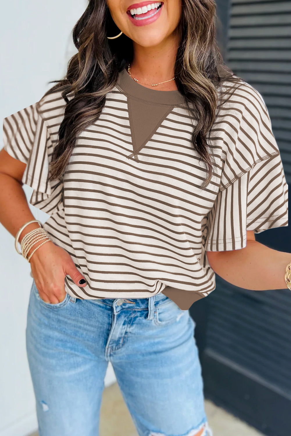 Sachet Pink Contrast Detail Striped Ruffle Short Sleeve Top