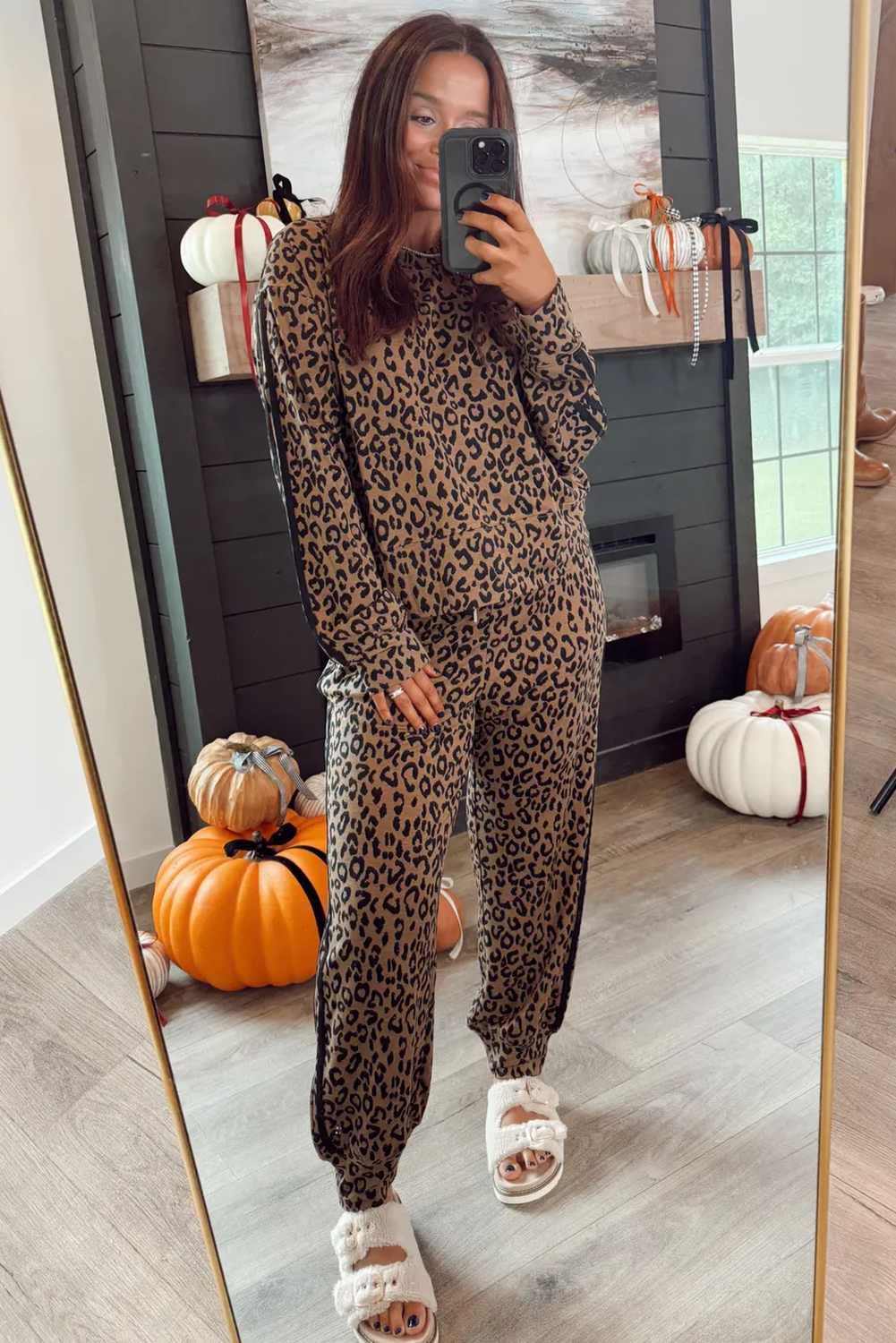 Brown Varsity Striped Trim Leopard Long Sleeve Top Drawstring Pant Set