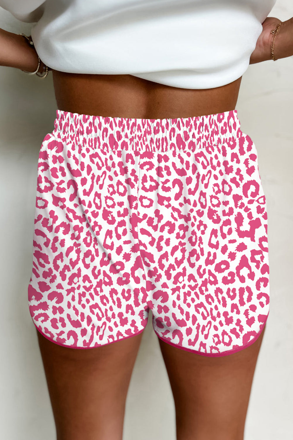 White Leopard Elastic Waist Lace up Contrast Trim Casual Shorts