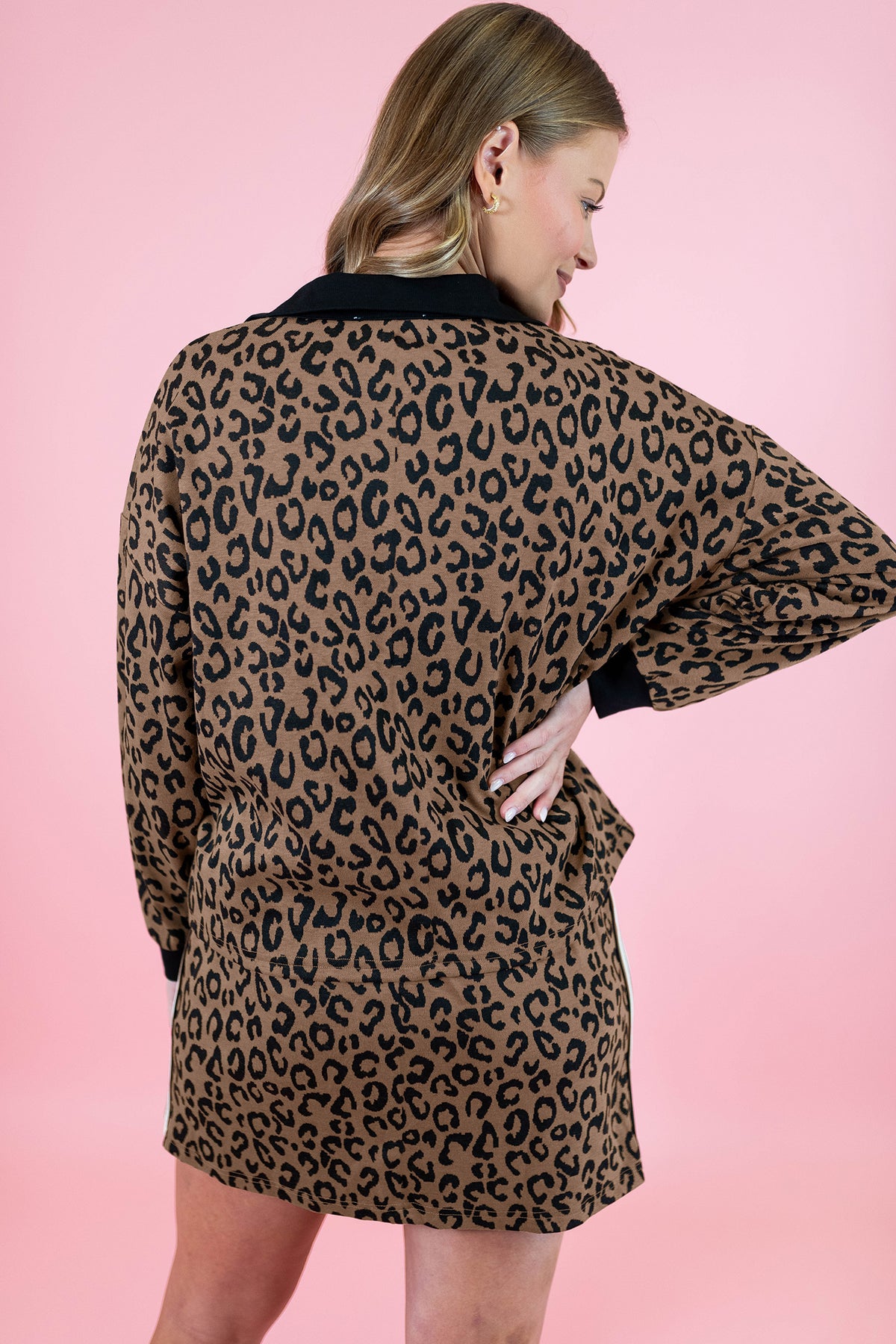 Khaki Leopard Print Quarter Zip Long Sleeve Top Mini Skort Set