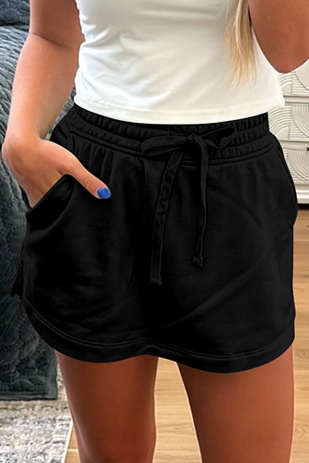 Black French Terry Drawstring Mini Skort with Pockets