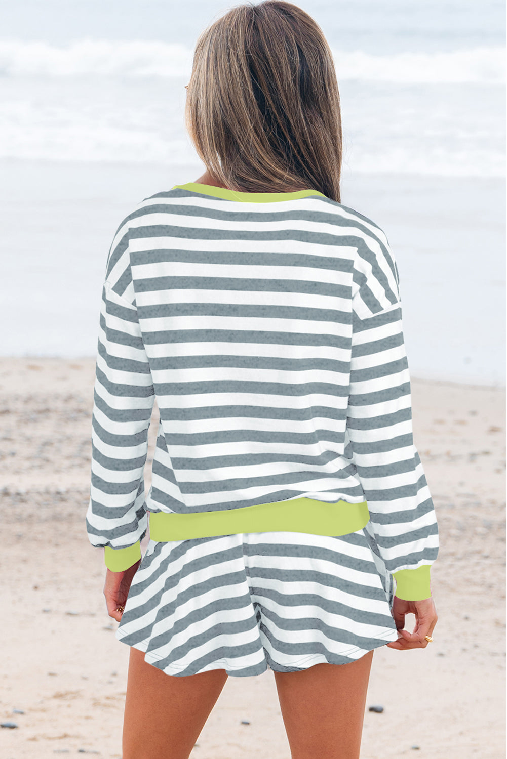 Black Stripe Contrast Ribbed Banding Long Sleeve Blouse Loose Shorts Set