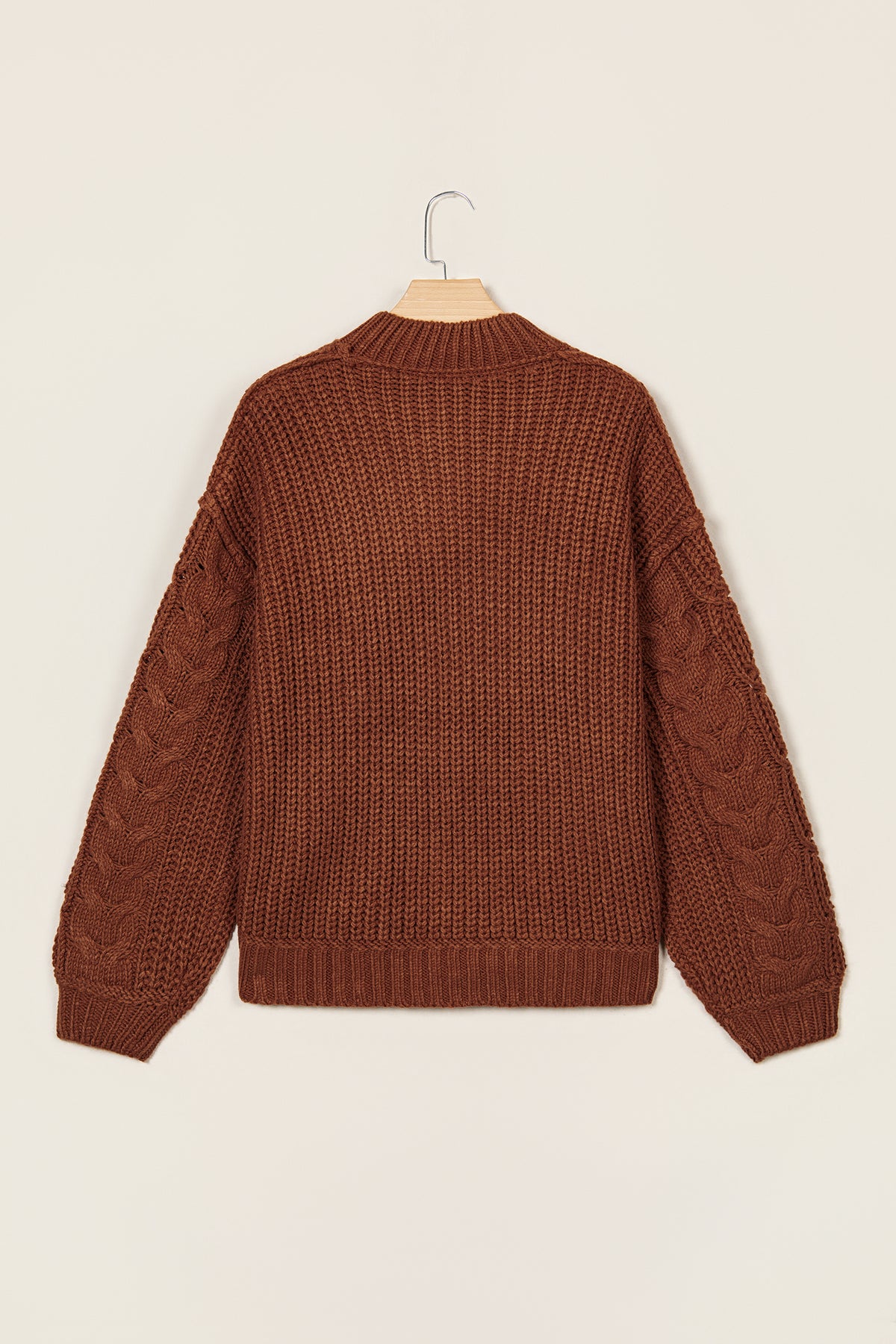 Coffee Solid Color Cable Knit Mock Neck Loose Pullover Sweater